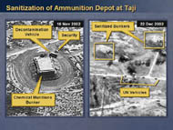 slide 13 aerial photos of decontamination vehicle at chemical munitions bunker, sanitized bunkers and UN vehicles